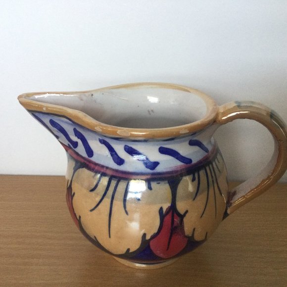 Vintage Hand painted Italy ceramic milk jar pitcher blue yellow red - Picture 1 of 4